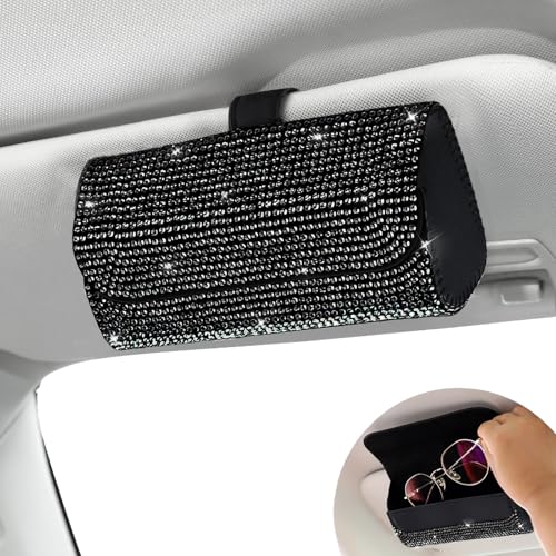 Accmor Bling Sunglasses Holder for Car Sun Visor, Sparkling Auto Glasses Clip Case Eyeglasses Protective Box, PU Leather Car Sunglass Storage Organizer for Truck, SUV, RV (Black Crystal) - color: Bling Black