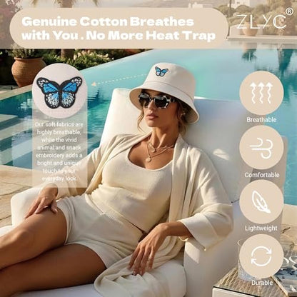 ZLYC Cotton Bucket Hat for Women Men Embroidered Packable Summer Sun Cap - color: Butterfly Beige