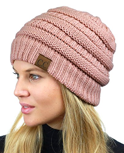 C.C Unisex Chunky Soft Stretch Cable Knit Warm Fuzzy Lined Skully Beanie - color: Indi Pink
