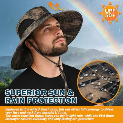 Wide Brim Sun Bucket Hat, Waterproof Boonie Hat for Men & Women - color: 05 Khaki (Camo)