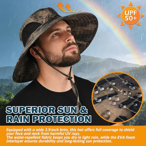Wide Brim Sun Bucket Hat, Waterproof Boonie Hat for Men & Women - color: 05 Khaki (Camo)