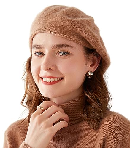 Cashmere Berets Beanie Hats Women Winter Warm Merino Wool Fashion Knit Cap - color: Gold Camel