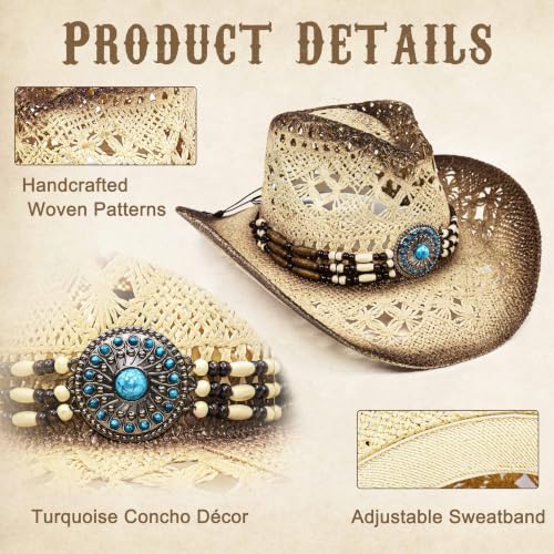 FLUFFY SENSE. Cowgirl Hats for Women Straw Cowboy Hat Western Beach Sun Hat with Shapeable Brim for Coastal Cowgirl - color: Cream Beige