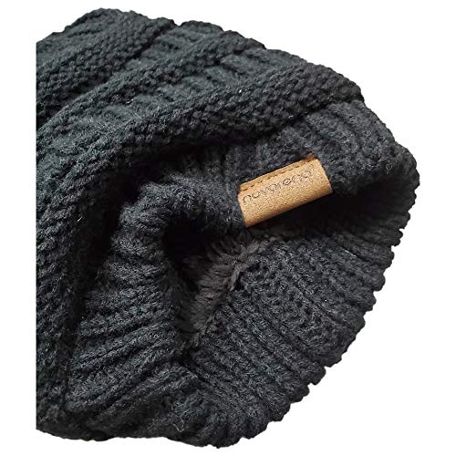 Novarena Thick Cable Knit Faux Fuzzy Fur Pom Fleece Lined Skull Cap Cuff Beanie - color: Black Beanie