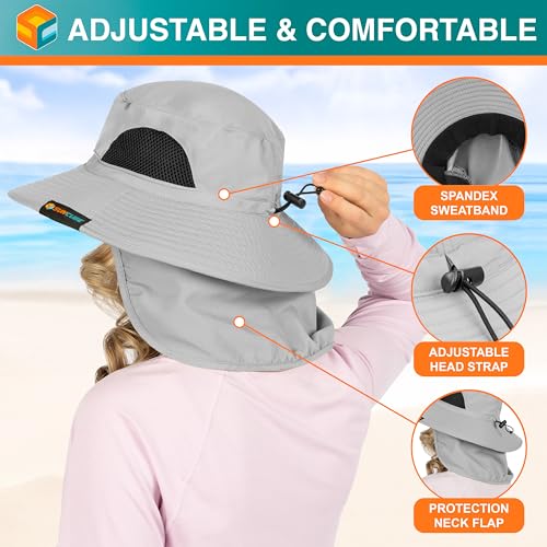 SUN CUBE Wide Brim Sun Hat for Men & Women, UPF 50+ UV Protection, Mesh Boonie Hat with Chin Strap, Fishing Hiking Hat - color: Light Grey With Flap