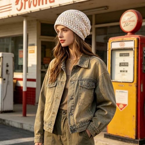 Women's Sparkly Lace Beanie Hat for Women, Lightweight Breathable Knit Skull Cap,Fashion Slouchy Beanie - color: Beige Color 011