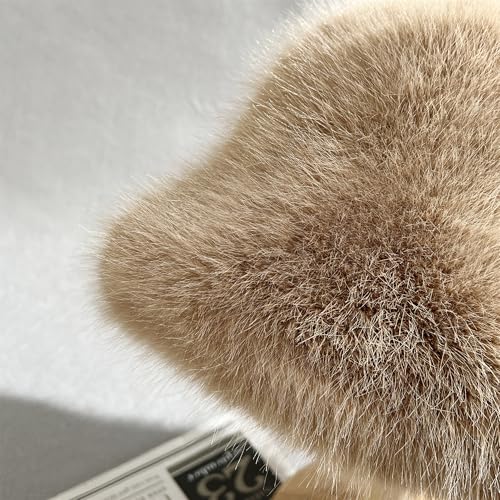 Women's Oversized Faux Fur Bucket Hat, Fluffy Plush Winter Hat, Solid Color - color: Light Khaki