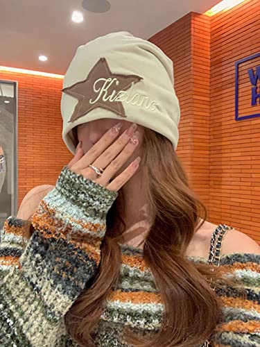 Y2K Slouch Hat Star Beanie Hat Grunge Accessories Winter Warm Cap Retro Design Knit Beanie for Women Men - color: Khaki
