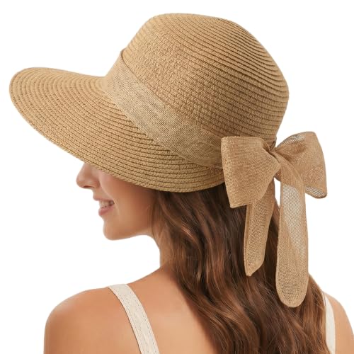 Barelove Sun Straw Hat Wide Brim Shape Hat with UPF 50+, Packable Foldable Floppy Summer Beach Hat for Women Men - color: Khaki With Beige Strap