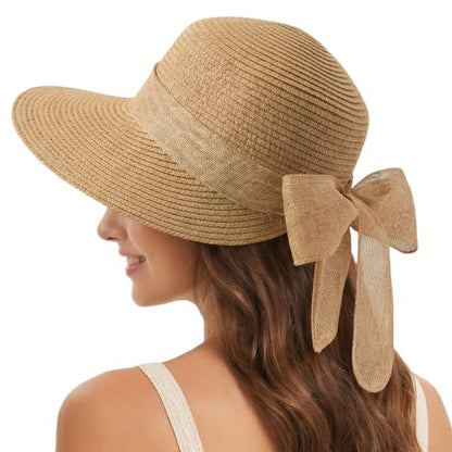 Barelove Sun Straw Hat Wide Brim Shape Hat with UPF 50+, Packable Foldable Floppy Summer Beach Hat for Women Men - color: Khaki With Beige Strap