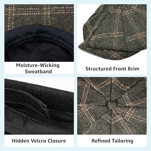 Mens Newsboy Cap High Woolen Tweed Gatsby Hat Ivy Cabbie Flat Golf Cap for Fathers Women Unisex - color: Plaid Green, size: 7-7 1/8
