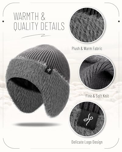 HAMUNI Winter Fleece-Lined Beanie with Earflaps, Warm Windproof Unisex Beanie Hat for Skiing, Hiking & Outdoor Winter Sports - color: Winter Gray