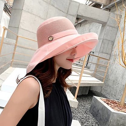 Women Wide Brim Sun Hats Metal Wired Edge Summer UV Protection Beach Fishing Hat for Hiking Garden Travel Chin Strap - color: B3-fyu001-pink, size: One Size
