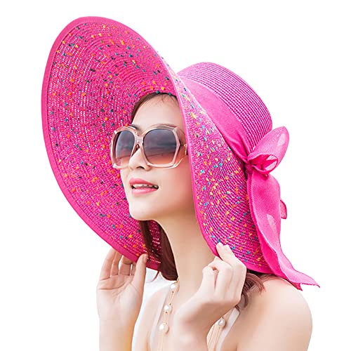 Womens Sun Straw Hat Wide Brim Summer Hat Foldable Beach Hats Floppy Roll up Cap Sunhat with Bowknot Hot Pink - color: Hot Pink