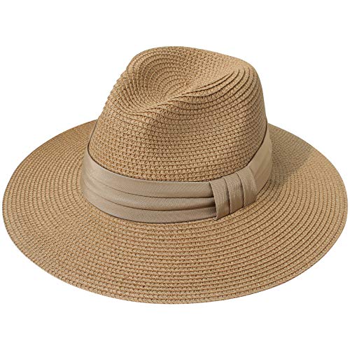 Lanzom Women Wide Brim Straw Panama Roll up Hat Fedora Beach Sun Hat UPF50+ - color: Brown, size: One Size-Small