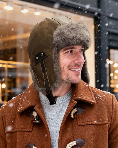 Croogo Eskimo Hat Russian Ushanka Cossack Trooper Hat Leather Trapper Aviator Hats Fur Lined Earflap Winter Cap Snow Ski Hats - color: Pl2508-olivebrown