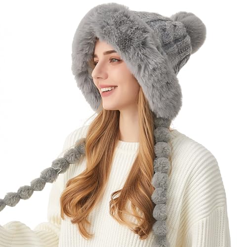 HUAMULAN Women Winter Sherpa Beanie Hats Knit Ear Flaps Fleece Lined - color: Gray With Braids