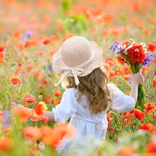 Girls Straw Hat with Flower Round Sunglasses, Summer Foldable Large Brim Sunflower Bowknot Beach Toddler Straw Sun Hat, 2-6T - color: Beige-bow