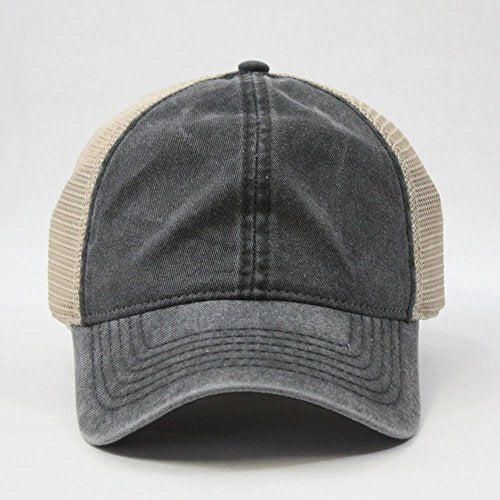 Vintage Washed Cotton Soft Mesh Adjustable Baseball Cap - color: Charcoal/Charcoal/Khaki