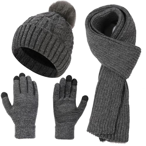 HUAMULAN Women Winter Knit Beanie Hat Circle Scarf Set Pompoms Ear Flaps - color: Gray With Scarf and Gloves
