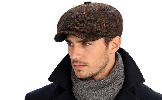 Men's Wool Newsboy Cap 8-Panel Tweed Taxi Hat Herringbone Gatsby Flat Hats - color: E-coffee