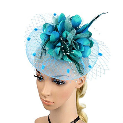 ACTLATI Fascinators Hat for Women Tea Party Headpiece Wedding Cocktail Flower Mesh Feathers Hair Clip 20s Flapper Fascinators - color: A3-lake Blue