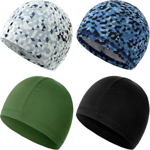 4 Pieces Skull Caps Running Cycling Beanie Hats Breathable Helmet Liner Sleep Hats for Men Women - color: G: Grey White Square+blue Square+black+army Green