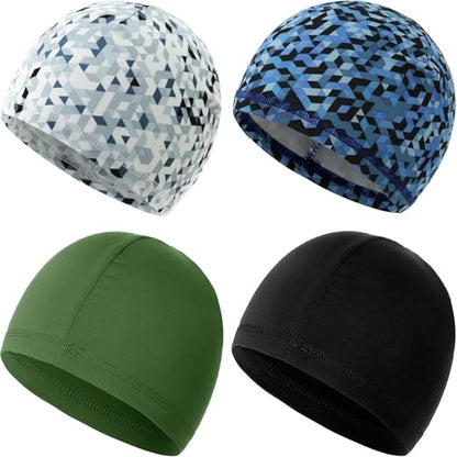 4 Pieces Skull Caps Running Cycling Beanie Hats Breathable Helmet Liner Sleep Hats for Men Women - color: G: Grey White Square+blue Square+black+army Green