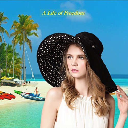 iHomey Packable Shapeable Extra Large Brim Floppy Sun Hat Reversible UPF 50+ Beach Sun Bucket Hat - color: Black-dot