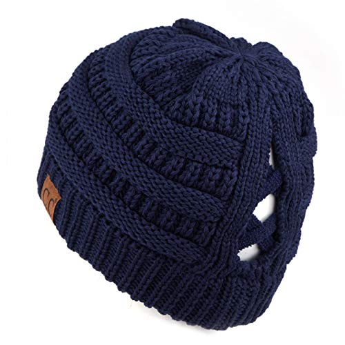 C.C Exclusives Soft Stretch Cable Knit Messy Bun Ponytail Beanie Winter Hat for Women (MB-20A) - color: 0 Criss-cross Navy
