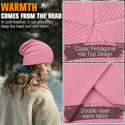 YANIKY Slouchy Beanie for Women, Mens Soft Cotton Beanie Hat, Double Layer Windproof Skull Cap for All Seasons - color: Pink