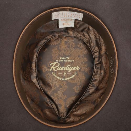 RUEDIGER Vintage Wide Brim Fedora Hats 100% Wool Stiff Felt Hat Rancher Hat with Lightning Logo Handmade Distressed/Burned - color: Shadow, size: 7 3/8