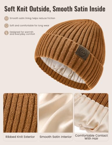 Durio Unisex Silk Lined Beanie Double Layered Winter Hats - color: Brown