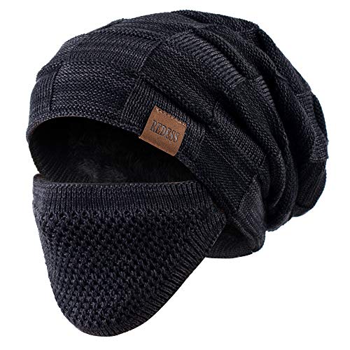REDESS Beanie Hat for Men and Women Winter Warm Hats Knit Slouchy Thick Skull Cap with Face Cover - color: D2 Black