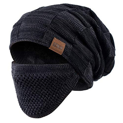 REDESS Beanie Hat for Men and Women Winter Warm Hats Knit Slouchy Thick Skull Cap with Face Cover - color: D2 Black