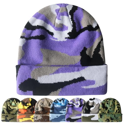 PFFY Beanie for Men Women Unisex Knit Cuffed Winter Beanies Hats Skull Cap - color: Camo Purple