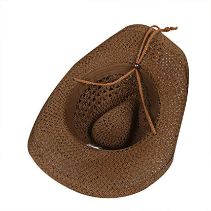 Straw Hat Women Men Cowboy Hats Beach Floppy Sun Hats Brim Summer Sunhat Bush Sombrero Travel Cowgirl Hat Costume - color: Brown