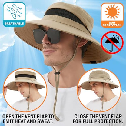 Men's UPF 50+ Waterproof Wide Brim Boonie Hat, Sun & Rain Protection - color: Camel (No Waterproof)