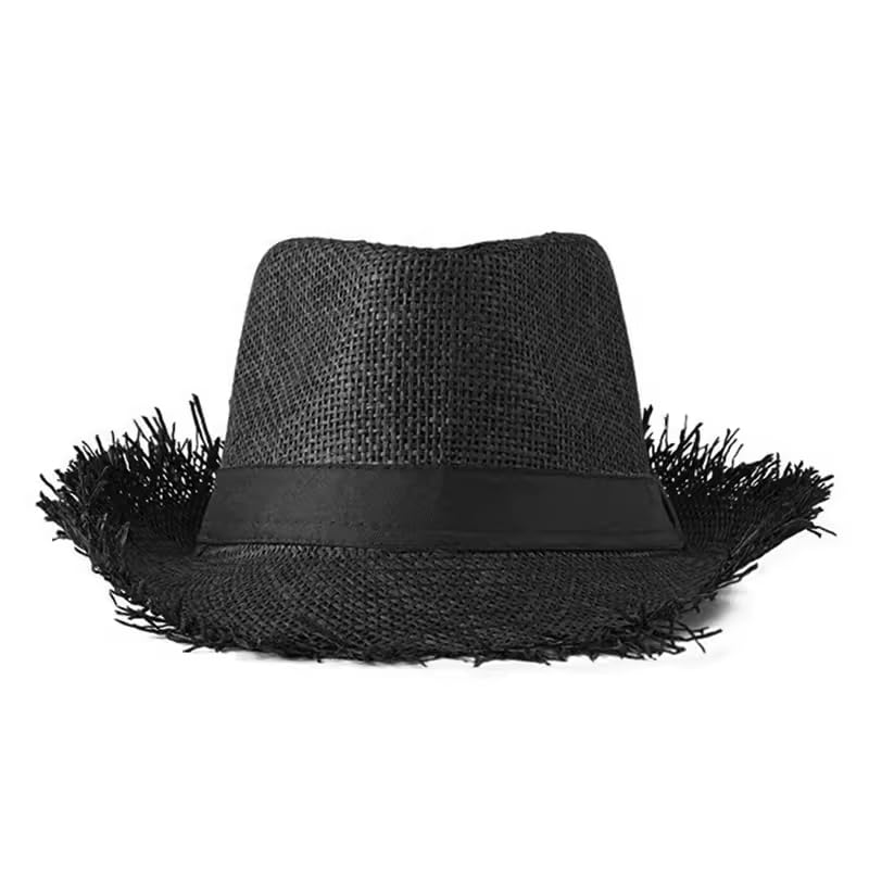 Fringed Straw Fedora Hat for Women Men Short Brim Roll Up Trilby Panama Hat UPF 50+ Summer Beach Straw Sun Hat Retro Jazz Hat - color: Black