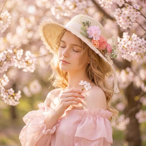 8 Sets DIY Straw Hat Kit for Women, Tea Party Hats with White Lace Edge