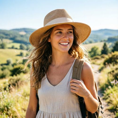 DRESHOW Women Straw Panama Hat Travel Fedora Beach Sun Hat Summer Wide Brim Straw Roll up Hats UPF 50+ - color: Fedora a Khaki (Beige Hatband)