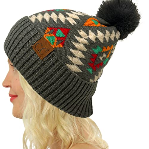 C.C Fur Pom Winter Fall Trendy Chunky Stretchy Cable Knit Beanie Hat - color: Aztec Dk. Gray