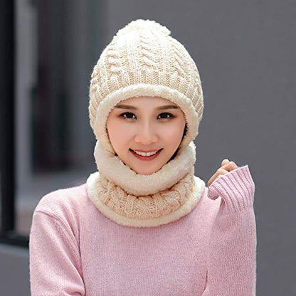 HUAMULAN Women Winter Knit Beanie Hats One Piece Fleece Lined Balaclavas - color: Beige