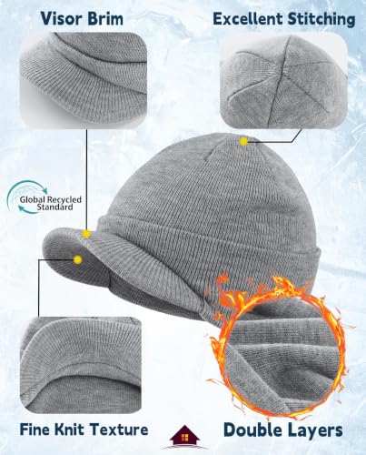 Home Prefer Men's Winter Beanie Hat with Brim Warm Double Knit Cuff Beanie Cap Watch Radar Hat - color: Light Gray