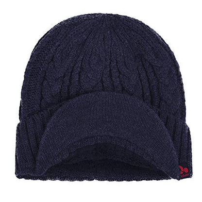 Original One Men Wool Blend Cable Knitted Visor Beanie Winter Knit Hat with Brim Fur Lined Ski Cap - color: Blue