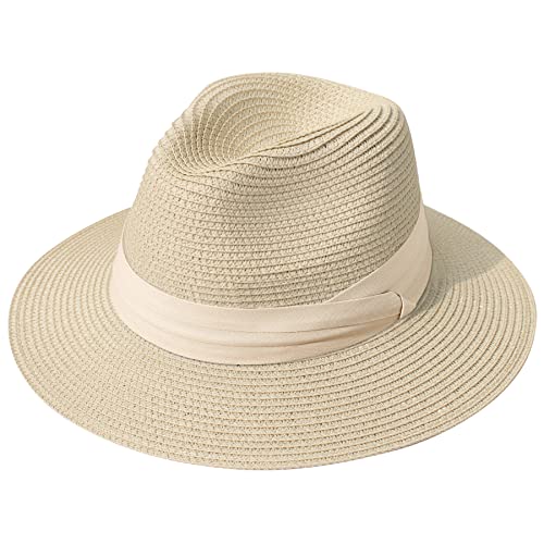 Lanzom Women Wide Brim Straw Panama Roll up Hat Fedora Beach Sun Hat UPF50+ - color: Beige/Khaki, size: One Size-Medium