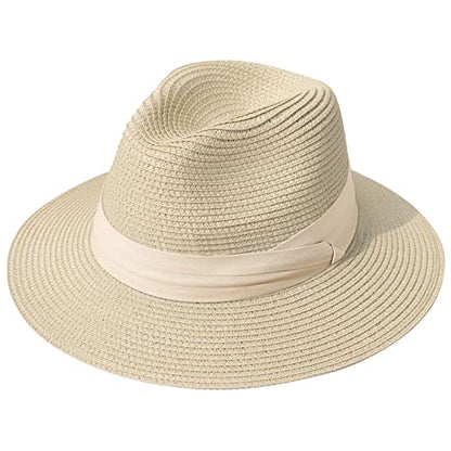 Lanzom Women Wide Brim Straw Panama Roll up Hat Fedora Beach Sun Hat UPF50+ - color: Beige/Khaki, size: One Size-Medium