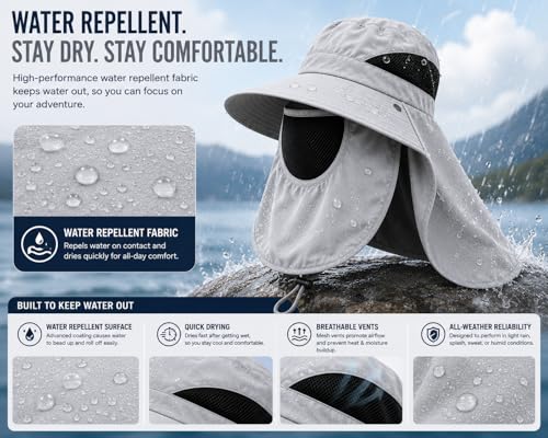Sun Hat with Neck Flap and Face Cover, Wide Brim Fishing Hat with Mesh Ventilation, UPF 50+ UV Protection - color: Light Grey