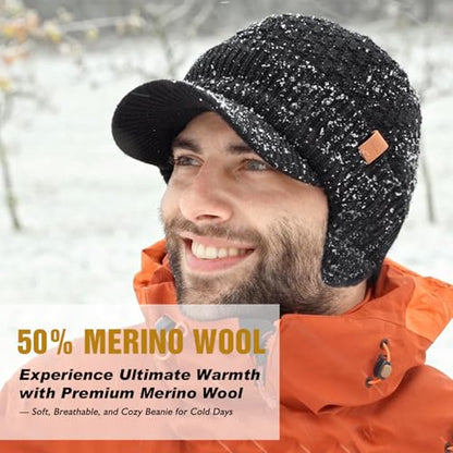 TOP-EX DryKnit™ 50% Merino Wool Waterproof Warm Brim Beanie with Ear Flaps - color: Grey (Waterproof), size: Small-Medium