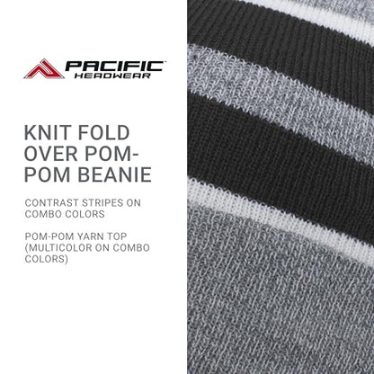 Pacific Headwear Unisex Adult Pacific Headwear Knit Fold Over Pom-pom Beanie - color: Heather/Black/White